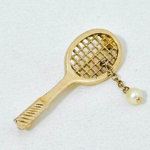 Vintage Avon Tennis Racket Brooch with Faux Pearl Tennis Ball